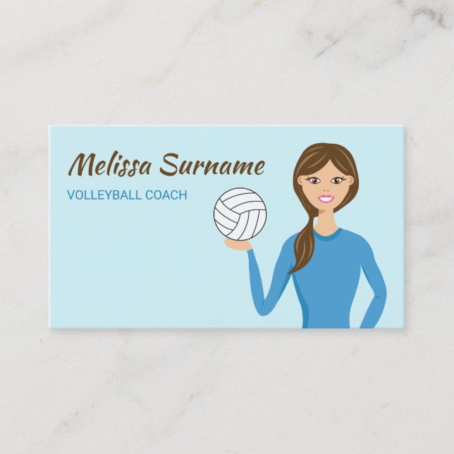 Cute Volleyball Coach Girl Illustration Blue Business Card (Front)