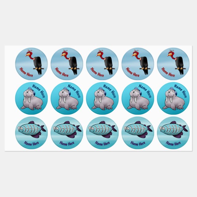 Cute Vulture, Walrus, X-Ray Fish Kids' Labels (Sheet)