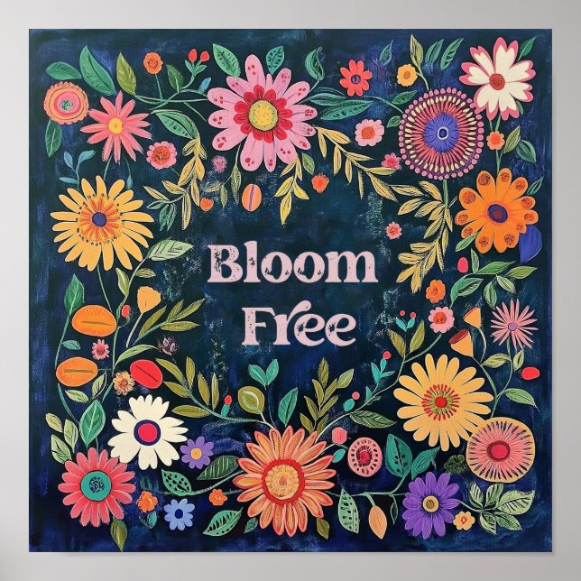 Cute Wall Art For Girls - Blue Floral Folk Flowers (Front)