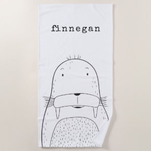 Cute Walrus Line Art Drawing Personalized Name Beach Towel
