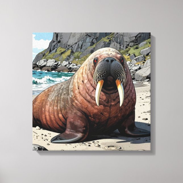 Cute Walrus on a Sandy Beach  Canvas Print (Front)