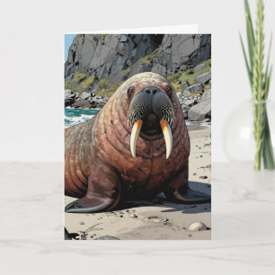 Cute Walrus on a Sandy Beach Happy Birthday Card