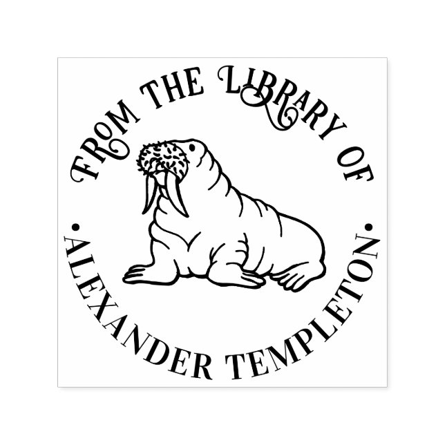 Cute Walrus Outline Round Library Book Name Self-inking Stamp (Design)