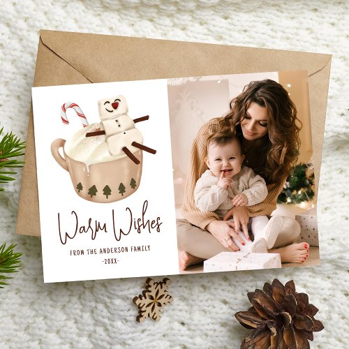 Cute Warm Wishes Hot Cocoa Photo Holiday Card