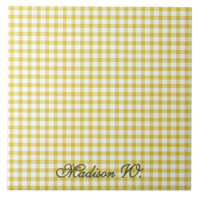 Cute Warm Yellow Gingham Pattern Ceramic Tile (Front)