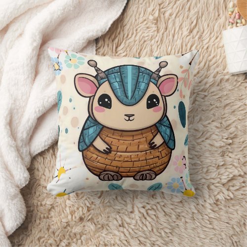 Cute Warrior Armadillo in a Floral Print Throw Pillow