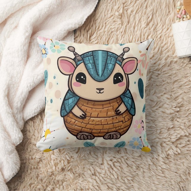 Cute Warrior Armadillo in a Floral Print Throw Pillow (Blanket)