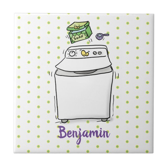 Cute washing machine laundry cartoon illustration ceramic tile (Front)