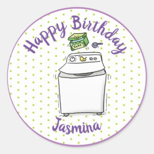 Cute washing machine laundry cartoon illustration classic round sticker