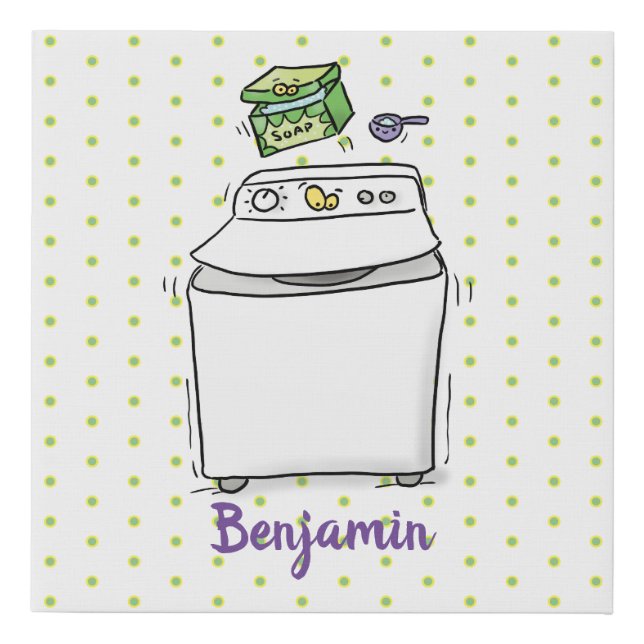 Cute washing machine laundry cartoon illustration faux canvas print (Front)