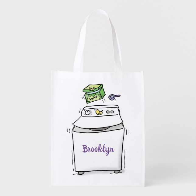 Cute washing machine laundry cartoon illustration grocery bag (Front)