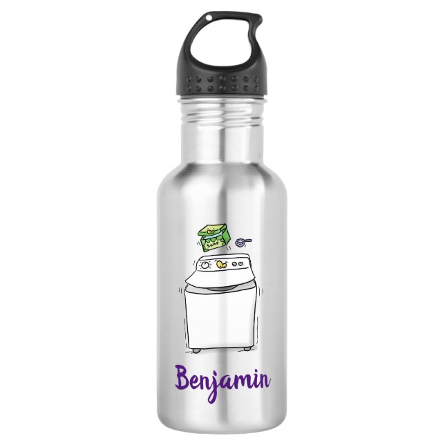 Cute washing machine laundry cartoon illustration stainless steel water bottle (Front)