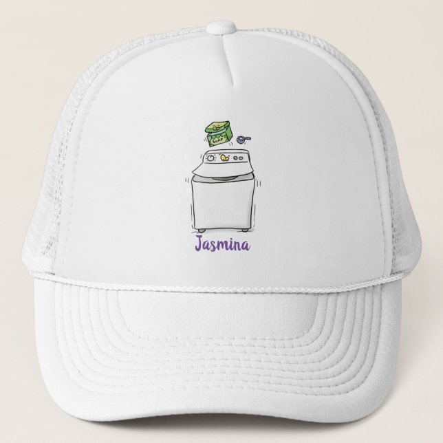 Cute washing machine laundry cartoon illustration trucker hat (Front)