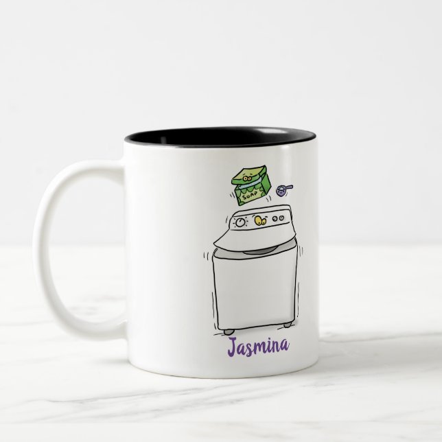 Cute washing machine laundry cartoon illustration Two-Tone coffee mug (Left)
