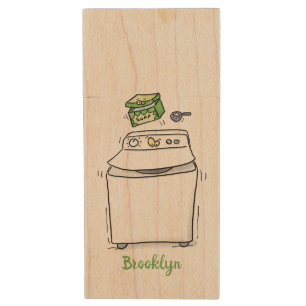 Cute washing machine laundry cartoon illustration wood flash drive