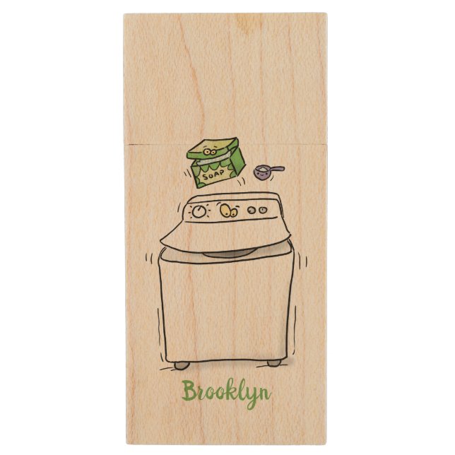 Cute washing machine laundry cartoon illustration wood flash drive (Front Vertical)
