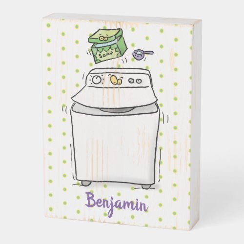 Cute washing machine laundry cartoon illustration wooden box sign