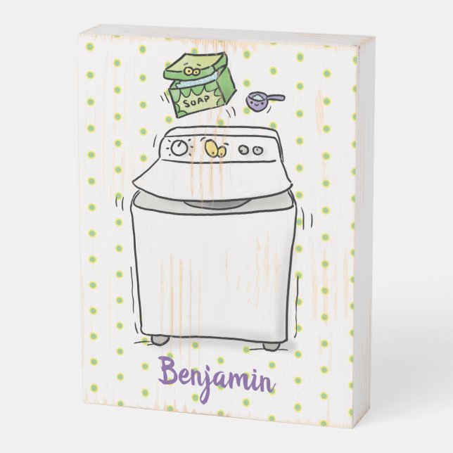 Cute washing machine laundry cartoon illustration wooden box sign (Angled Vertical)