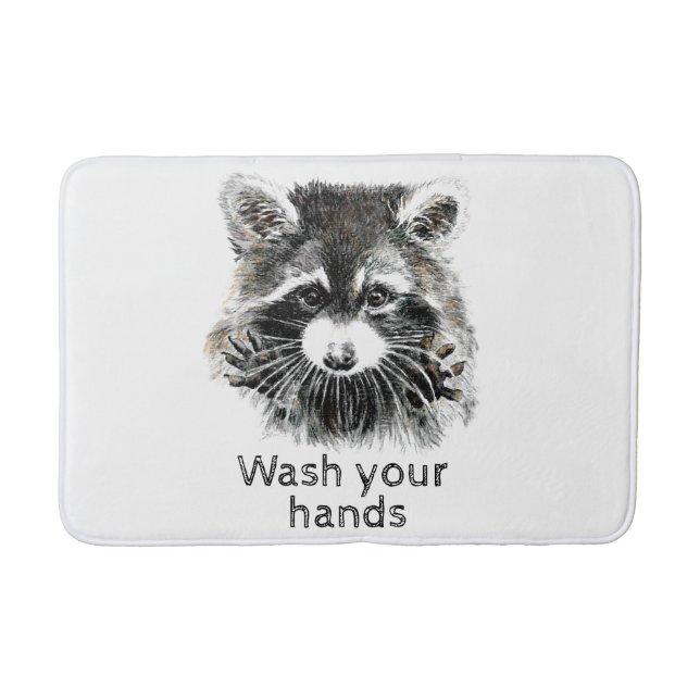 Cute Washroom Wash your Hands Raccoon Animal Art Bath Mat (Front)