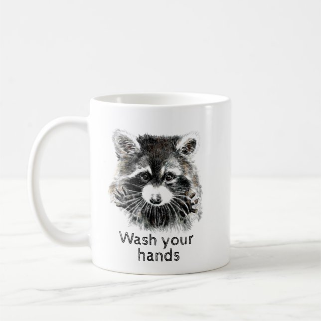 Cute Washroom Wash your Hands Raccoon Animal Art Coffee Mug (Left)