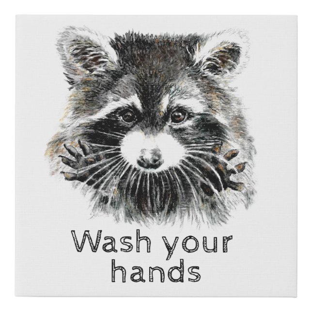 Cute Washroom Wash your Hands Raccoon Animal Art Faux Canvas Print (Front)