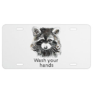 Cute Washroom Wash your Hands Raccoon Animal Art License Plate