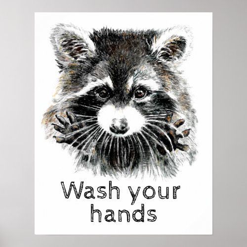 Cute Washroom Wash your Hands Raccoon Animal Art Poster