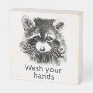Cute Washroom Wash your Hands Raccoon Animal Art Wooden Box Sign