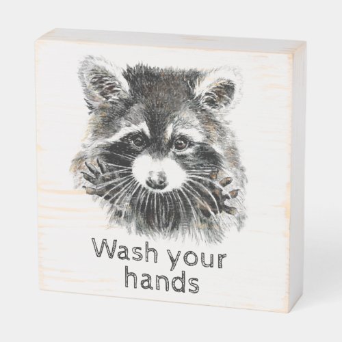 Cute Washroom Wash your Hands Raccoon Animal Art Wooden Box Sign