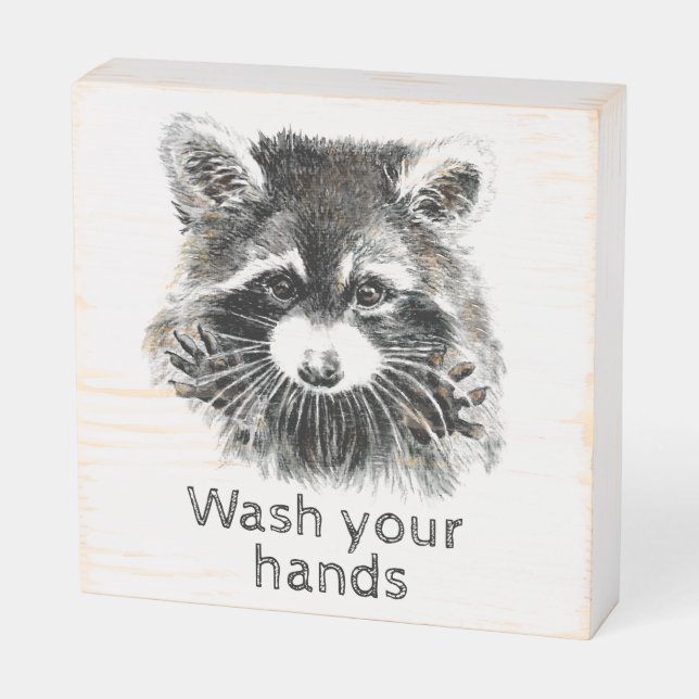 Cute Washroom Wash your Hands Raccoon Animal Art Wooden Box Sign (Angled Horizontal)