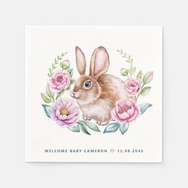 Cute Watecolor Bunny and Pink Flowers Baby Shower Napkins (Front)