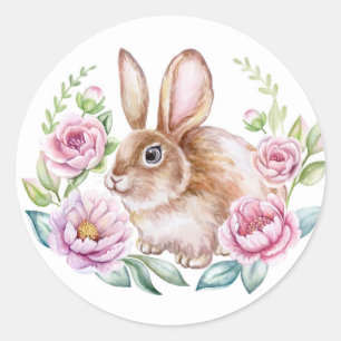 Cute Watecolor Bunny and Pink Flowers Easter Classic Round Sticker