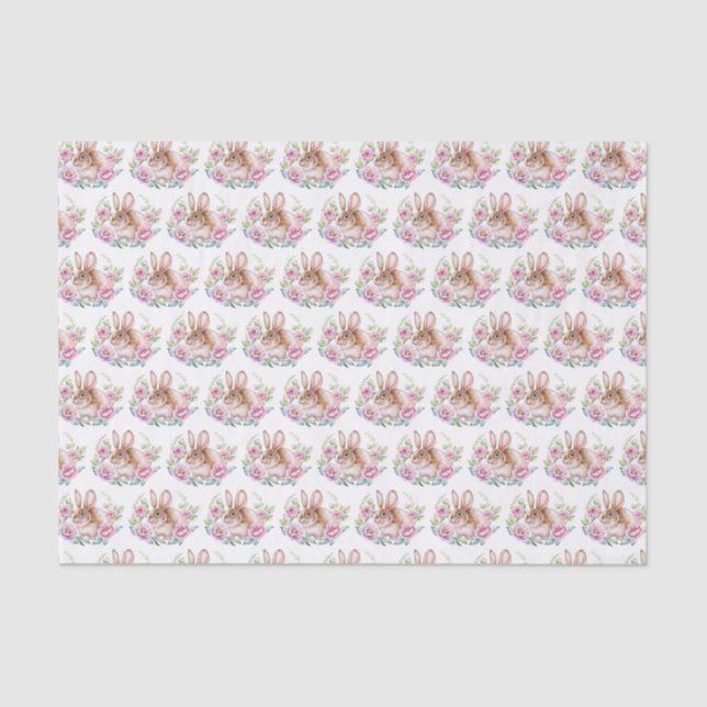 Cute Watecolor Bunny and Pink Flowers Pattern Tissue Paper (Front)