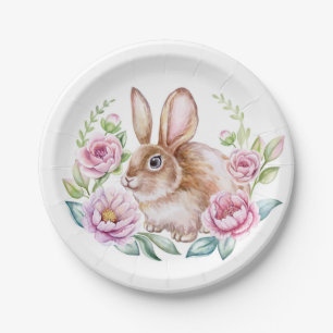 Cute Watecolor Bunny and Pink Flowers Wreath Paper Plates