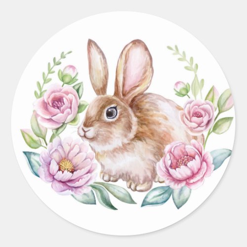 Cute Watecolor Rabbit and Pink Flowers Classic Round Sticker