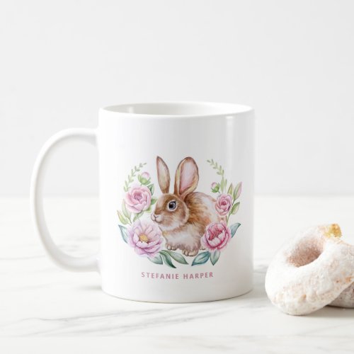 Cute Watecolor Rabbit and Pink Flowers Custom Coffee Mug