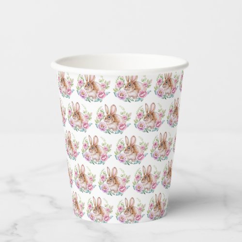 Cute Watecolor Rabbit and Pink Flowers Pattern Paper Cups