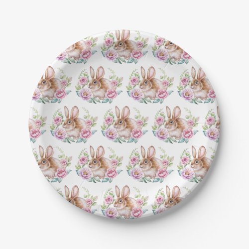 Cute Watecolor Rabbit and Pink Flowers Pattern Paper Plates