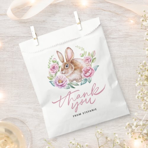 Cute Watecolor Rabbit and Pink Flowers Thank You Favor Bag