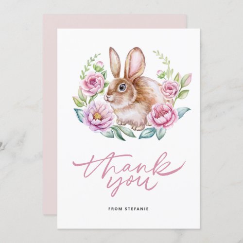 Cute Watecolor Rabbit and Pink Flowers Wreath Thank You Card