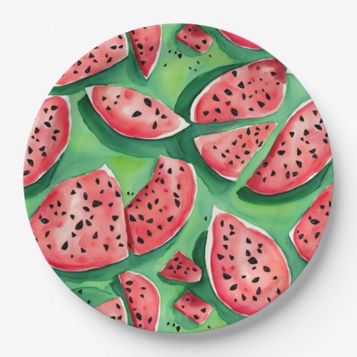 Cute Watemelon Red And Green Fruits Watercolor  Paper Plates