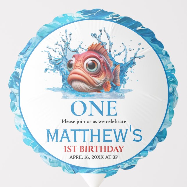 Cute Water Blue Fish 1st Birthday Balloon (Front)