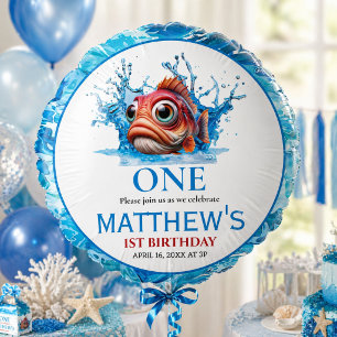Cute Water Blue Fish 1st Birthday Balloon