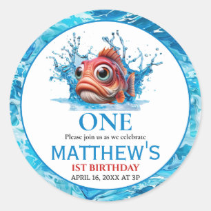 Cute Water Blue Fish 1st Birthday Classic Round Sticker