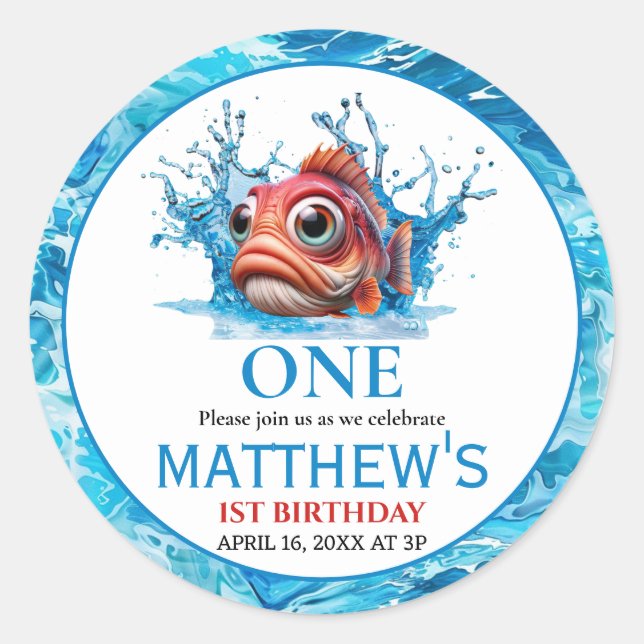 Cute Water Blue Fish 1st Birthday Classic Round Sticker (Front)