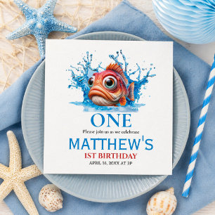 Cute Water Blue Fish 1st Birthday Napkins