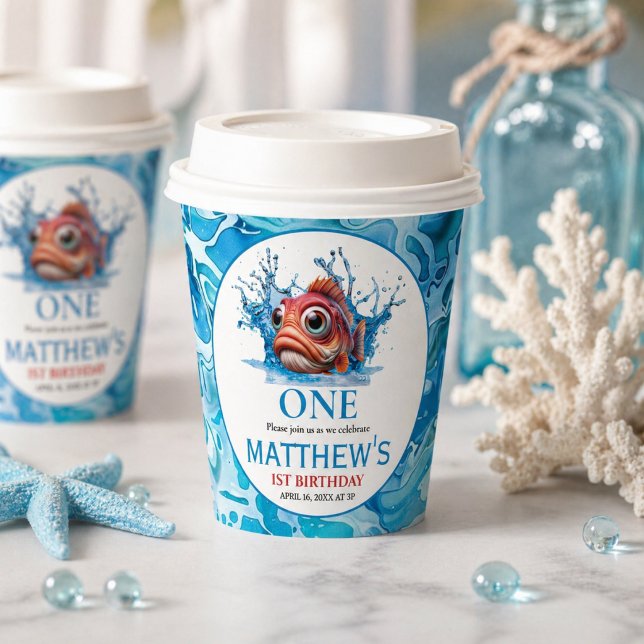 Cute Water Blue Fish 1st Birthday Paper Cups (Cute Water Blue Fish 1st Birthday Paper Cups)