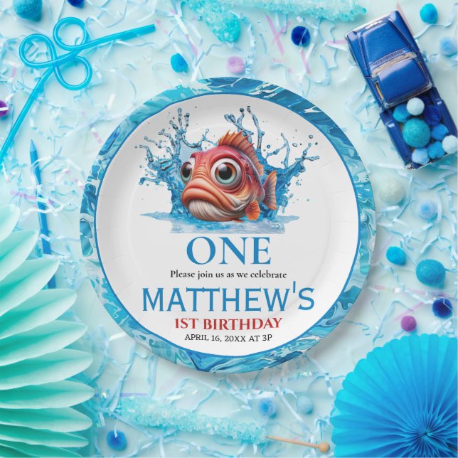 Cute Water Blue Fish 1st Birthday Paper Plates (Party)