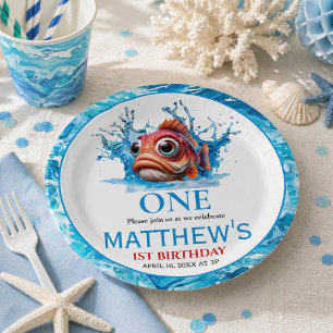 Cute Water Blue Fish 1st Birthday Paper Plates
