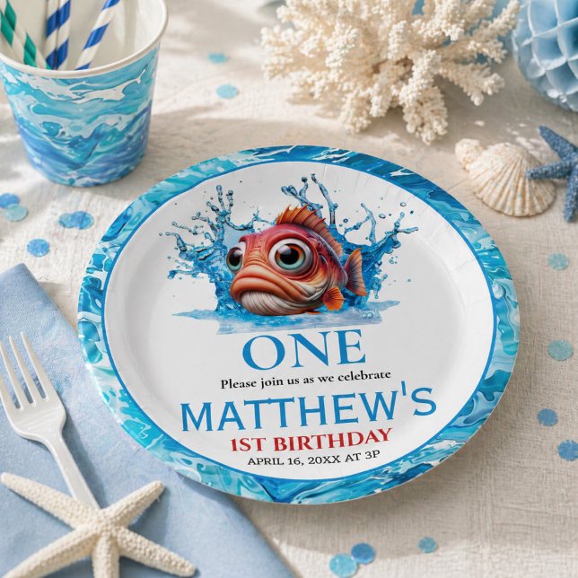 Cute Water Blue Fish 1st Birthday Paper Plates (Cute Water Blue Fish 1st Birthday Paper Plates)